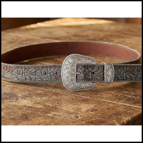 Western Leather Belt Tooled Embossed Vintage Silver Buckle 1.5 Inch Wide main image 2